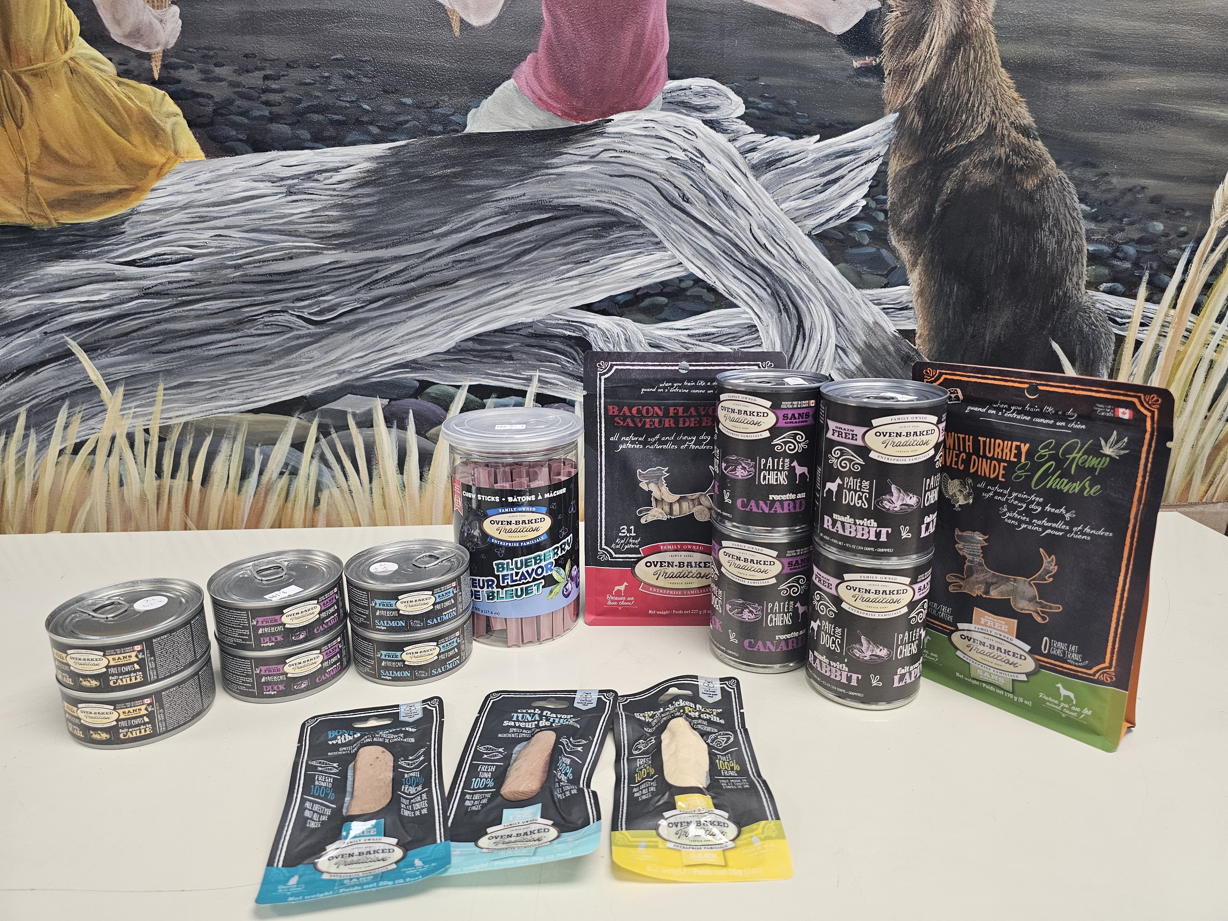 Variety of dog treats in various packaging at East Coast Pets